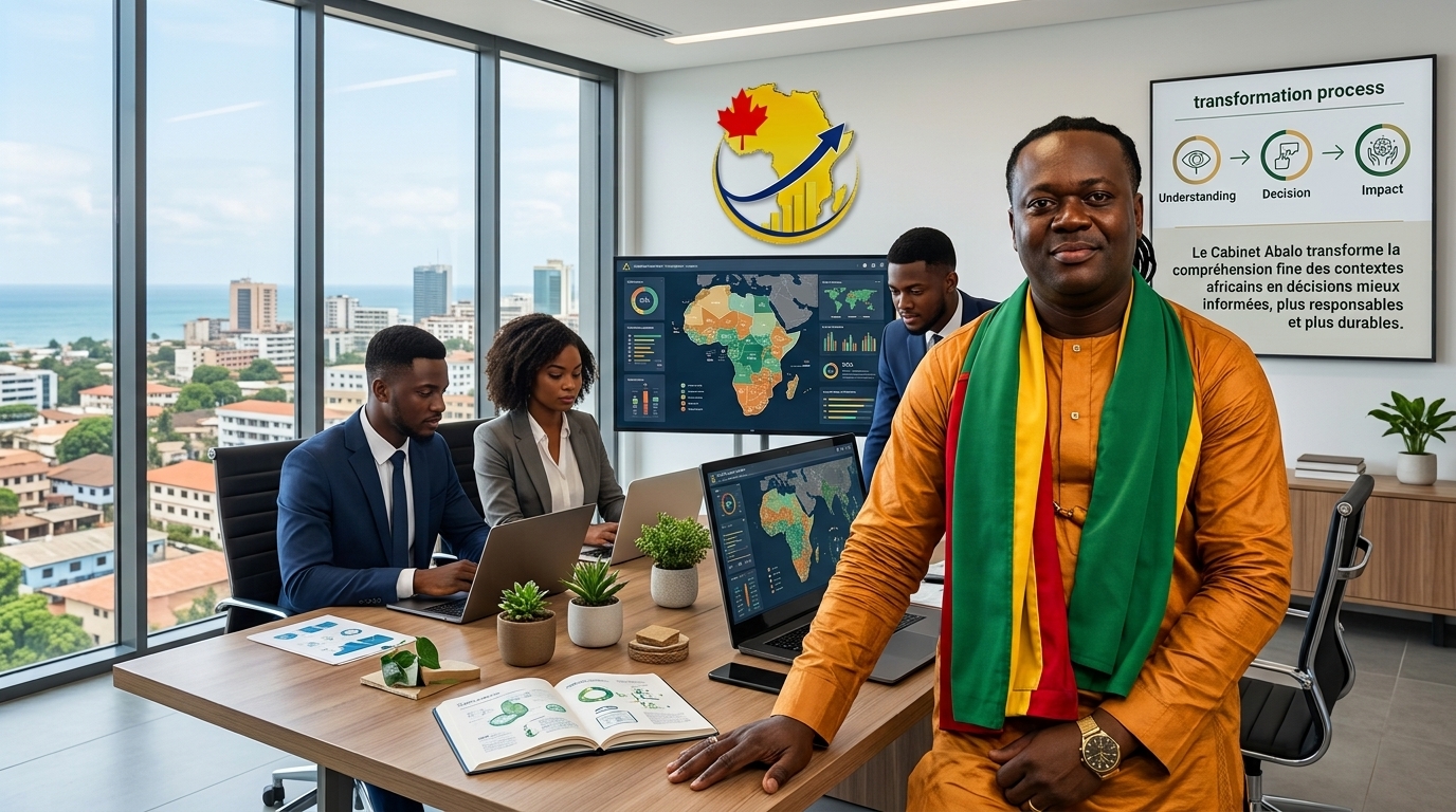 Dr Komi Abalo, fondateur du Cabinet ABALO, avec une équipe travaillant sur des analyses de projets en Afrique.